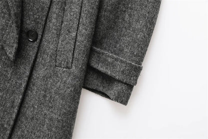 Manteau femme en laine mélangée à col tailleur avec ceinture et double boutonnage – Meliva