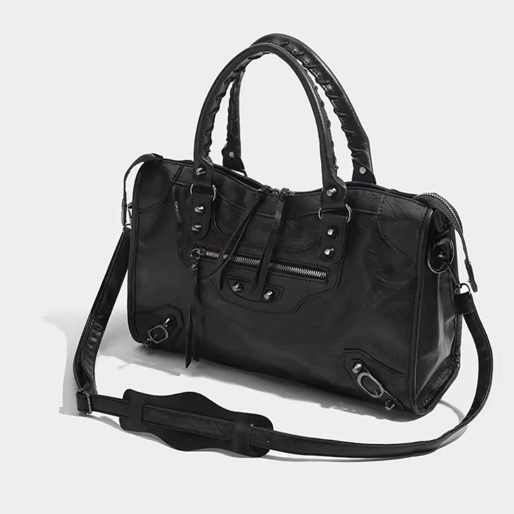 Sac à main femme noir format bowling avec anses doubles – Meliva